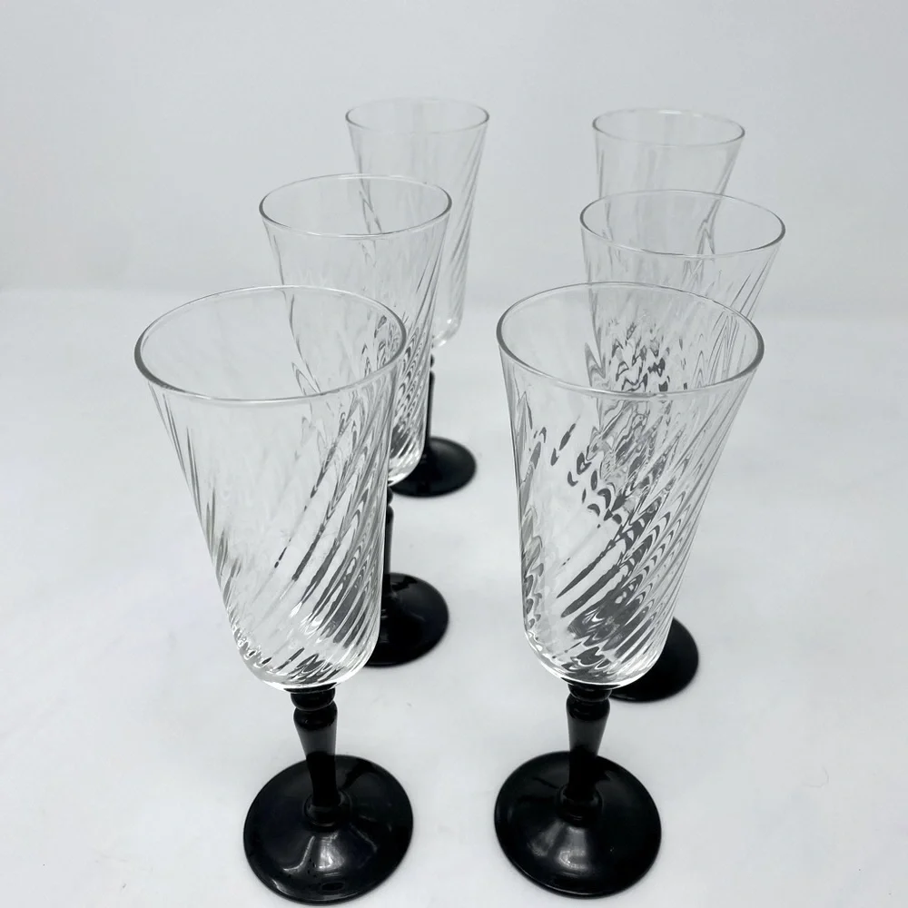 Vintage 1980's Luminarc France Optic Swirl Black Stem Wine Champagne Glasses